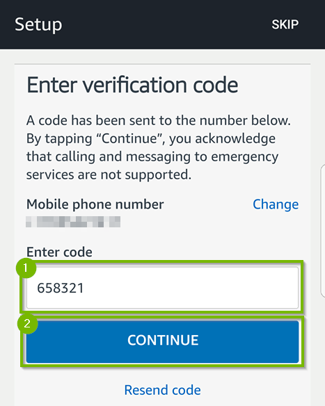 Enter verification code prompt. Enter code and press Continue. Screenshot.