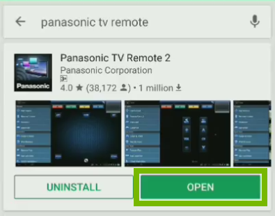 Panasonic TV 2 Remote app page with Open button highlighted
