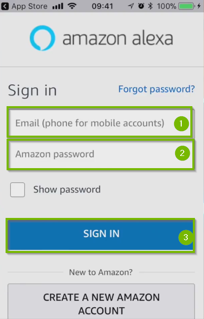 Amazon Alexa sign in screen.