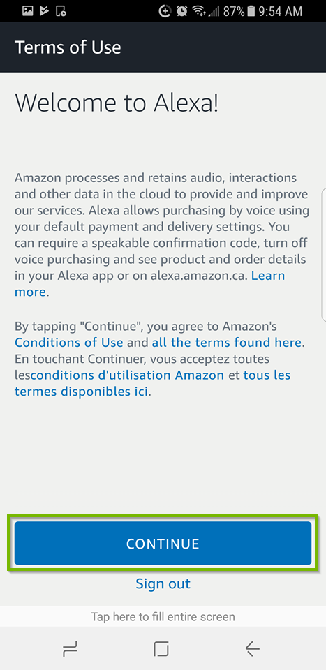 Terms of use with Continue button selected. Screenshot.