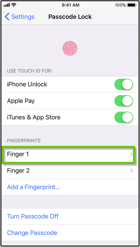 iOS Touch ID settings with Fingerprint 1 selected