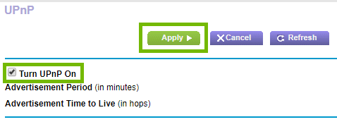 UPnP settings with UPnP On check and Apply button highlighted.