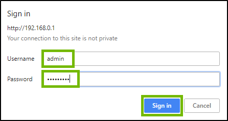 Username and password prompt on router login with username, password fields, and Sign In button highlighted.