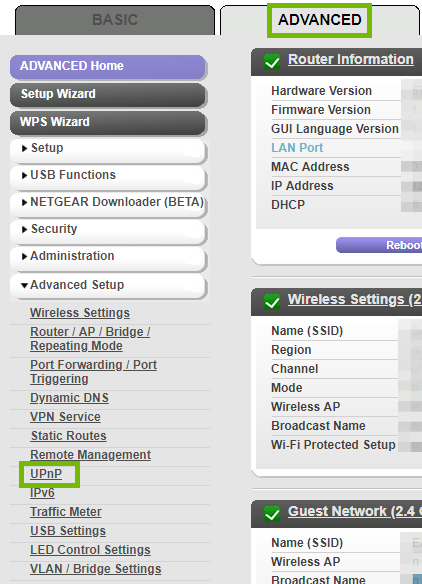 Router settings with Advanced tab and UPnP highlighted.