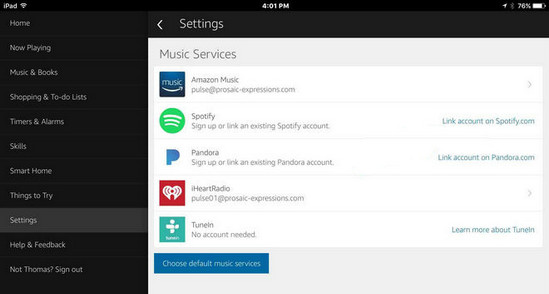 Amazon Alexa app settings showing music services