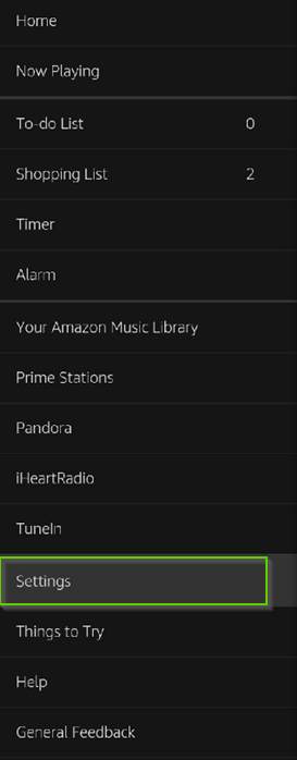 Amazon Alexa app menu with settings highlighted