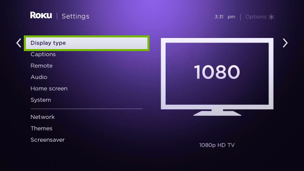 Display Type option highlighted in Roku settings.