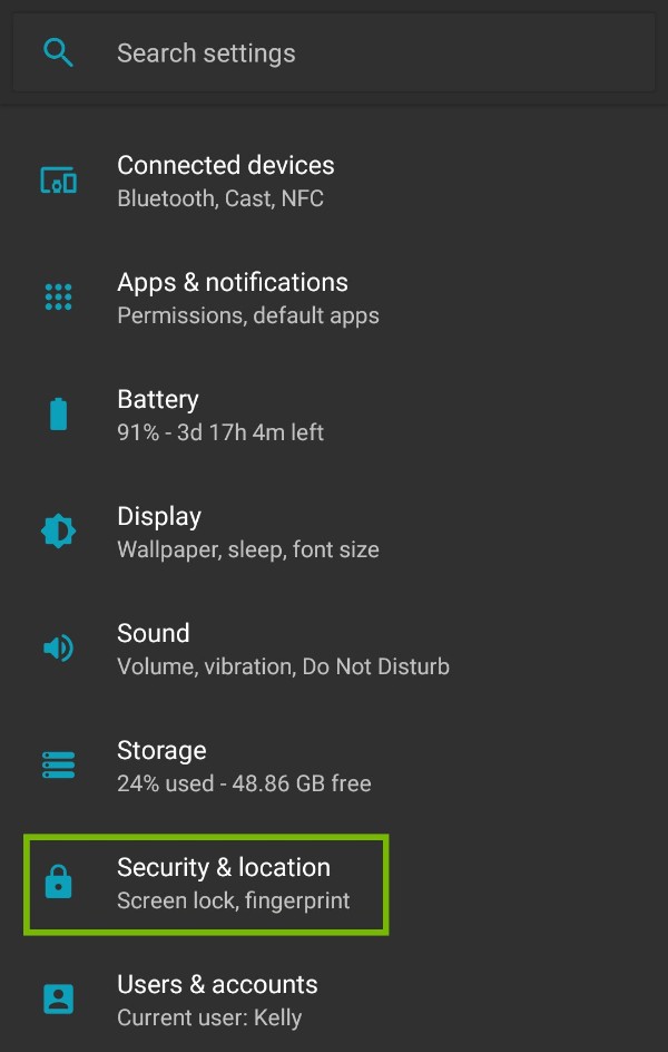 Security & Location highlighted