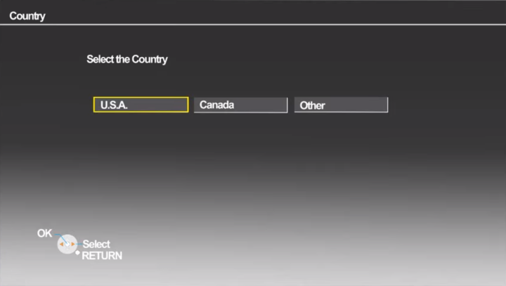 Country selection screen in setup wizard