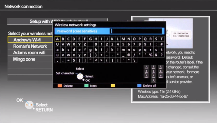 Network Connection setup with virtual keyboard showing and a field for their network password