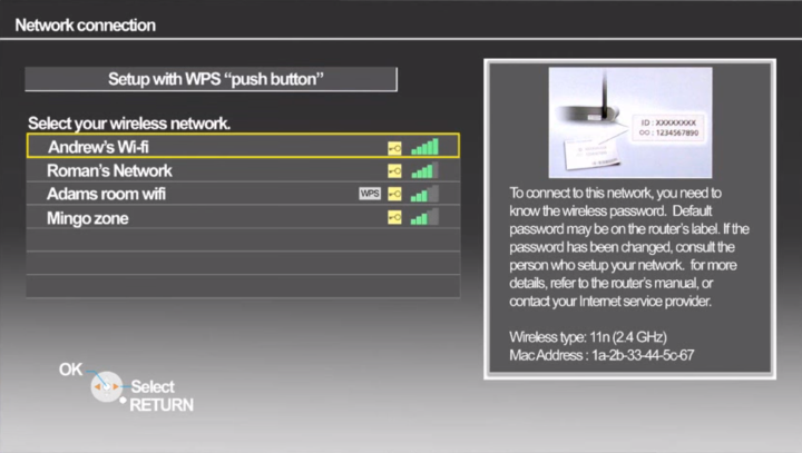Wi-Fi network selection screen in setup wizard