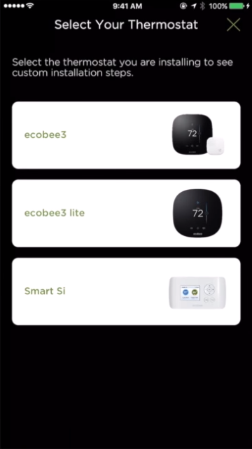 Thermostat selection screen