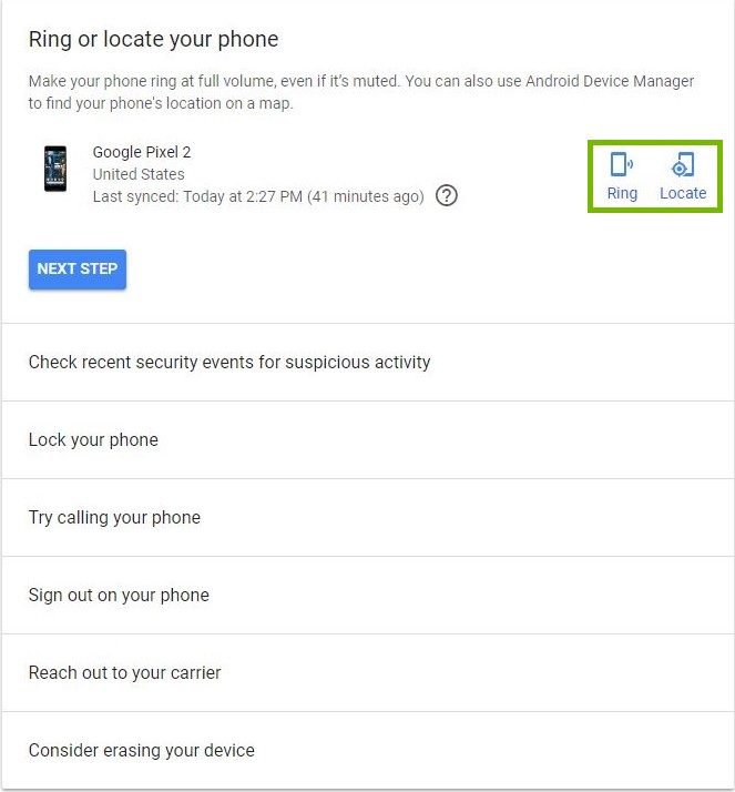 Ring and Locate buttons highlighted
