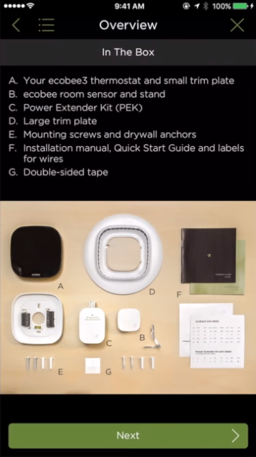 Package contents shown for selected thermostat