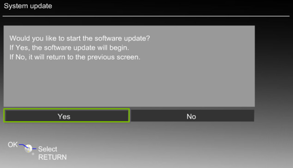 Panasonic TV system update menu prompting the user to update with the yes button highlighted.