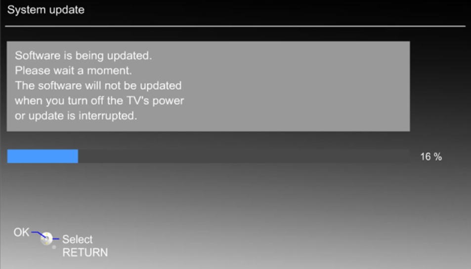 Panasonic TV system update menu performing an update.