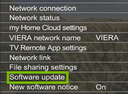 Menu with software update highlighted