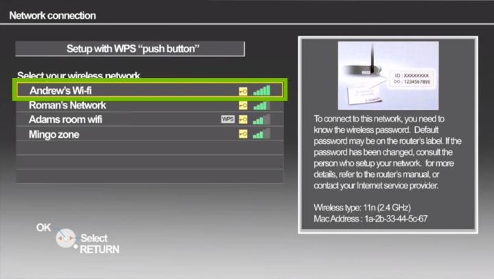 Network Connection setup with list of available networks and example network is highlighted
