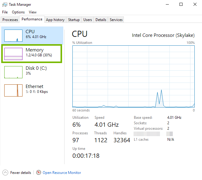 Performance tab with Memory highlighted