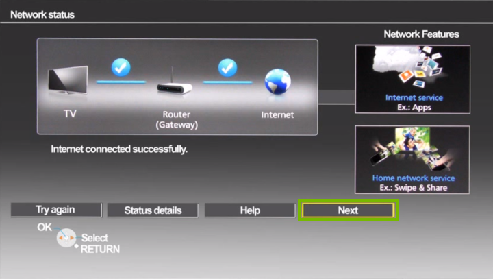 Network Status with Next highlighted