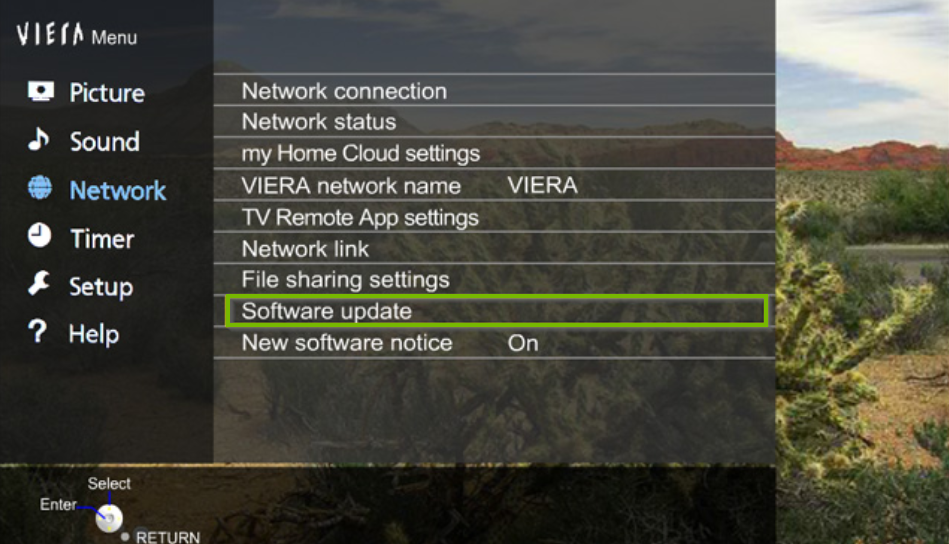 Panasonic TV network menu with the software update option highlighted.