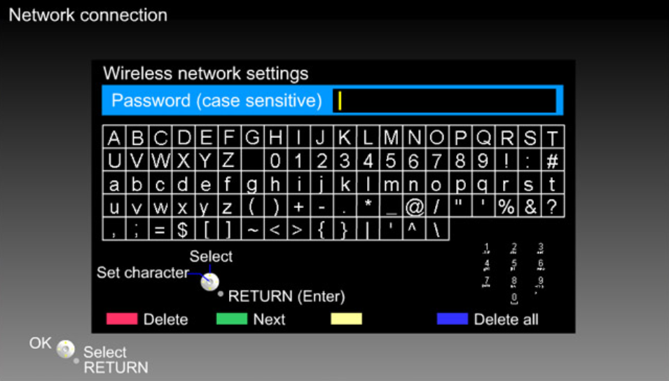 Panasonic TV network connection menu displaying the user being prompted to enter a wireless network password.