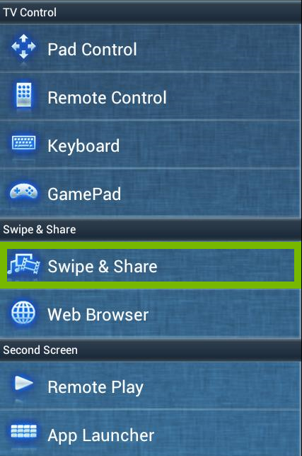 Menu button with swipe and share highlighted