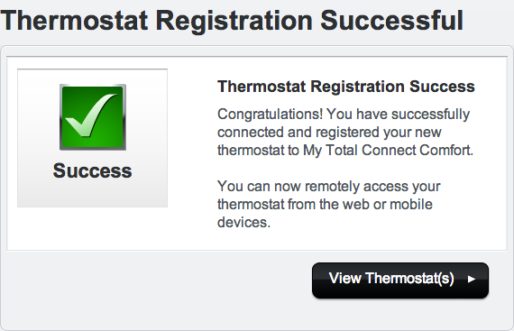 Thermostat Registration Success message.