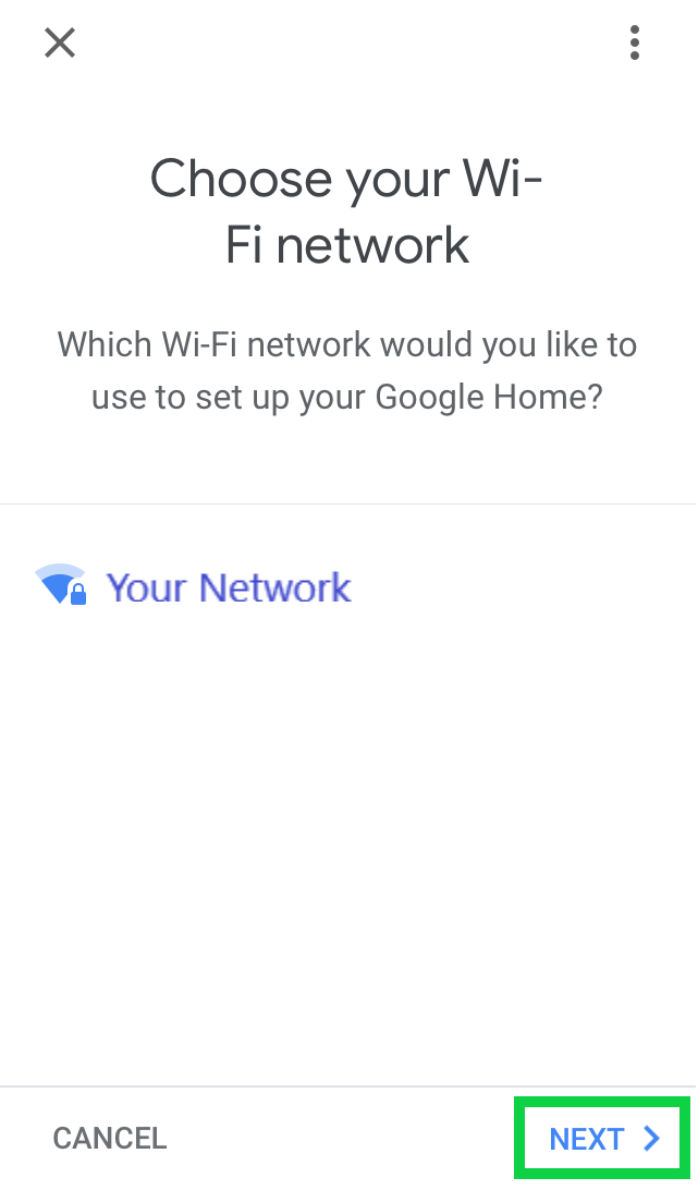 Choose your Wi-Fi Network page with a list of available networks and the next button which is highlighted