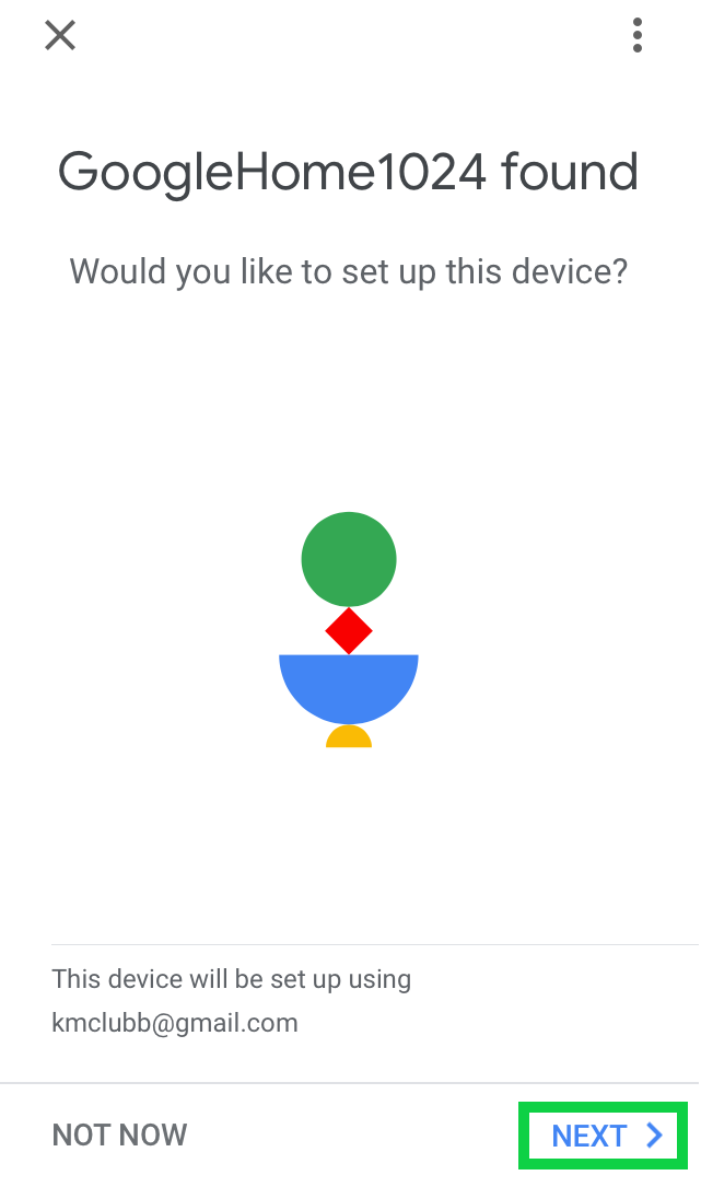 Google Home Found page with Next highlighted