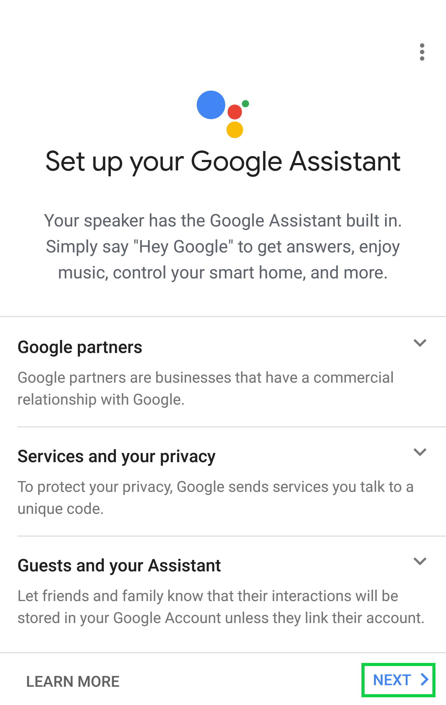 Set up your Google Assistant page with Next highlighted