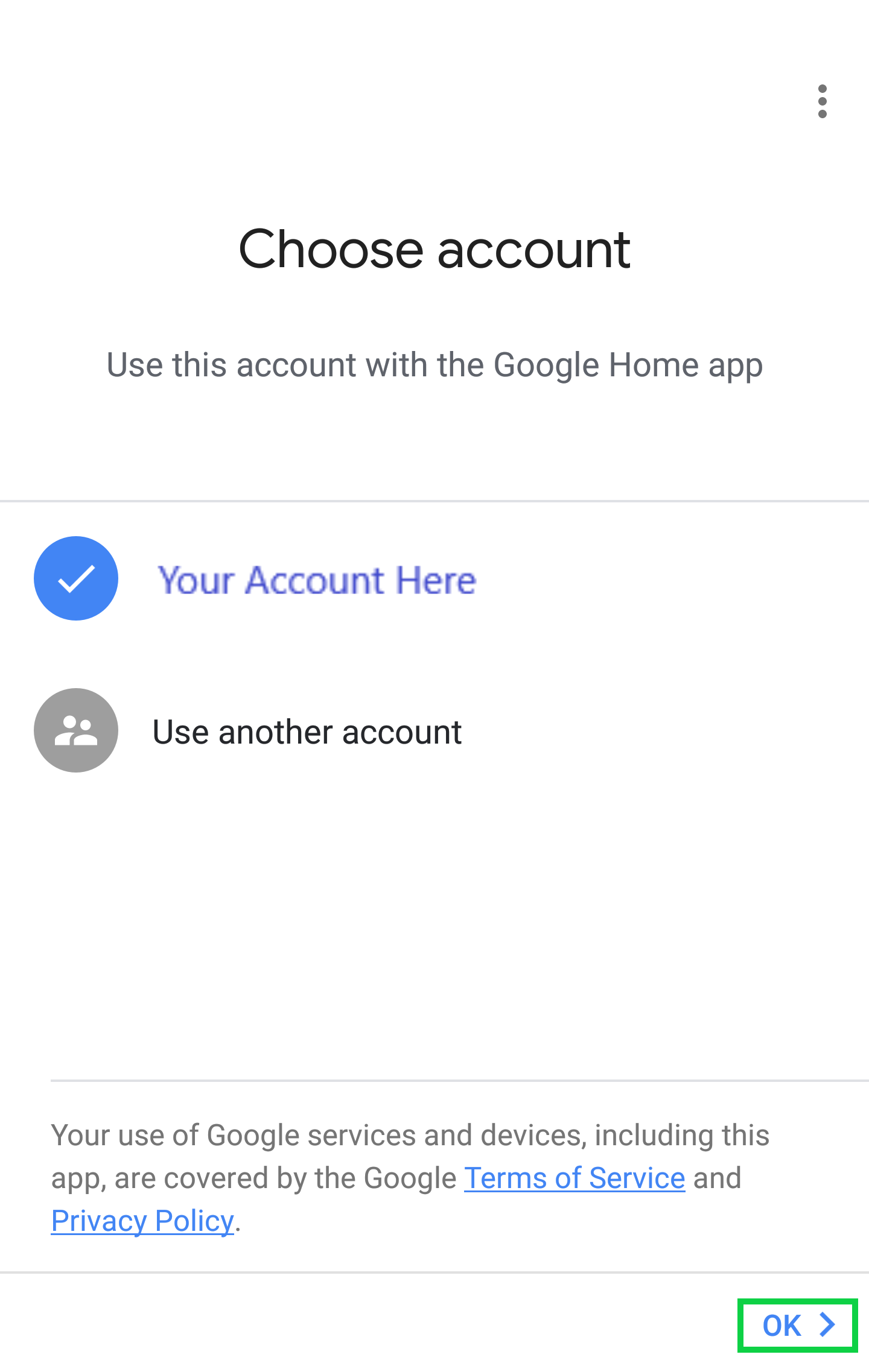 Choose Account page with OK highlighted