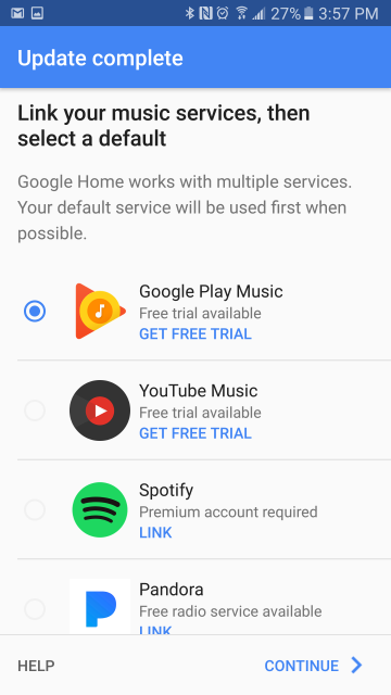 Music service selection screen