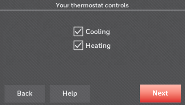 Thermostat controls selection screen.