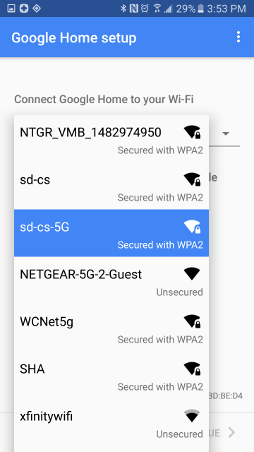 Wi-Fi network selection screen