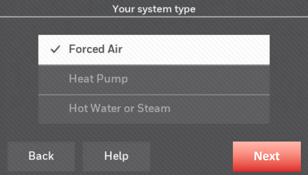 System type selection screen.