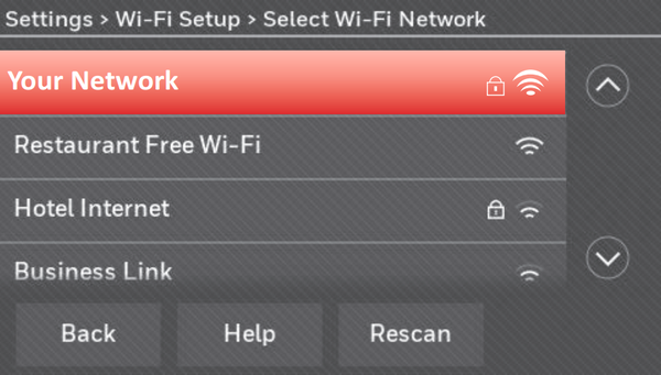 Wi-Fi network selection screen.