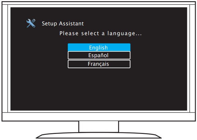 Denon receiver on-screen setup assistant prompting the user to select a language.