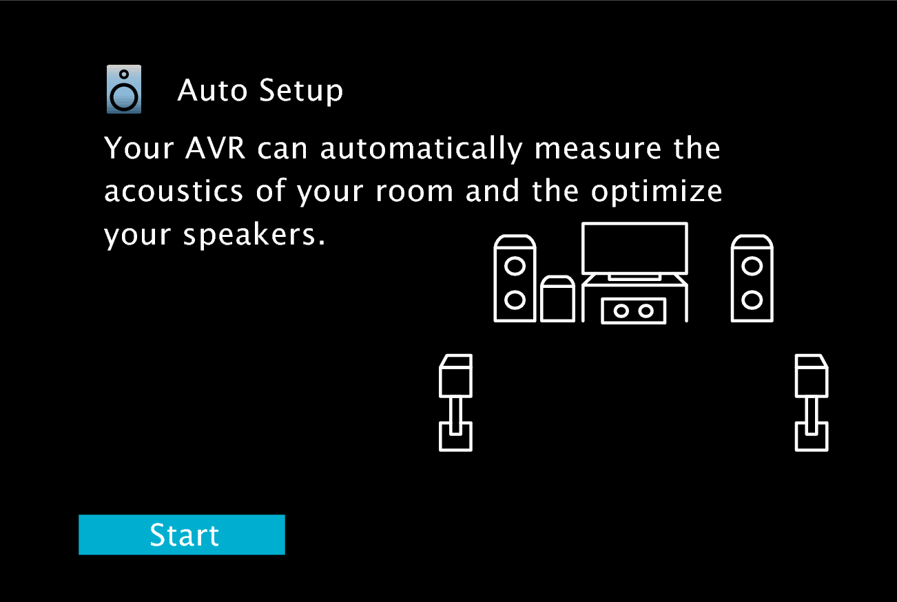 Denon receiver audio setup screen with the start button highlighted.