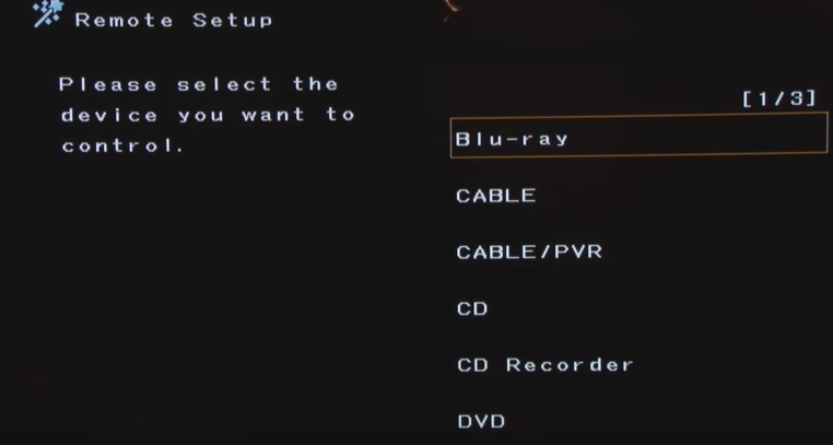 Denon remote setup menu displaying options for selecting a device to program to your remote.