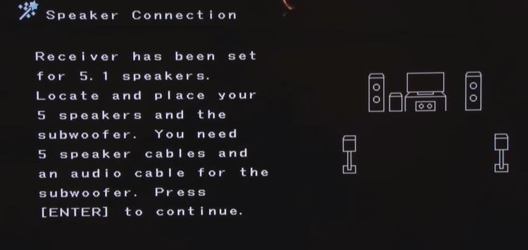 Denon receiver speaker connection screen with instructions regarding speaker placement.