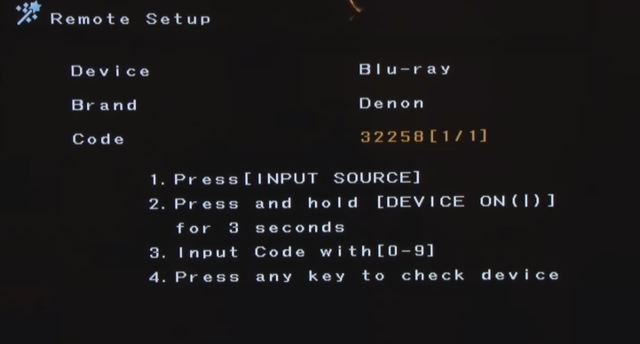Denon remote setup menu displaying on-screen instructions for how to pair the remote to the selected device.