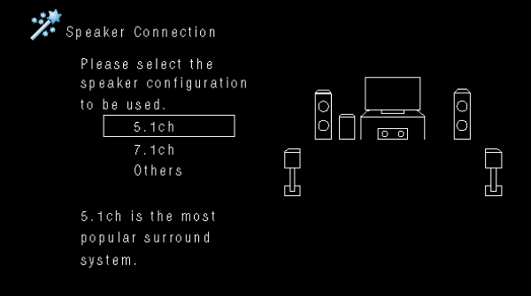 Denon receiver speaker connection screen with options for audio configuration.