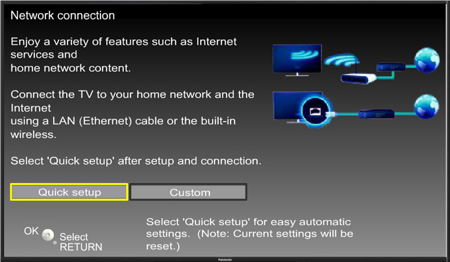 Quick setup button highlighted on Network connection screen