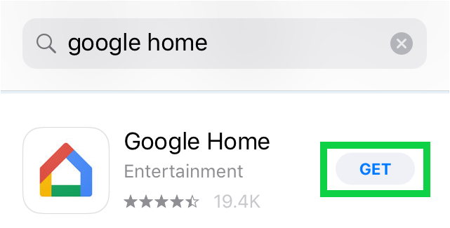 App Store search with Get highlighted next to Google Home app