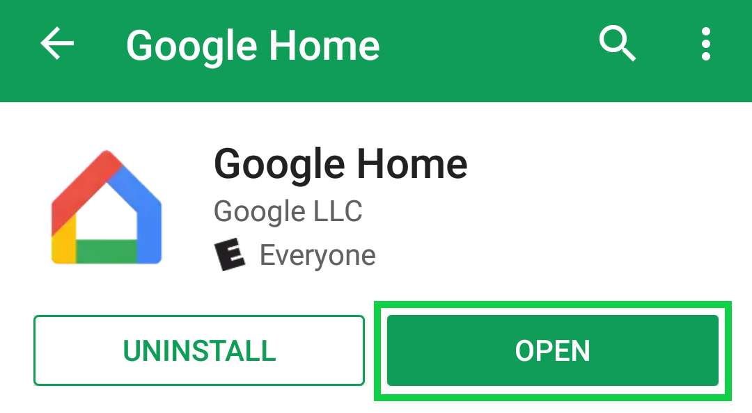 Google Home app page with Open highlighted