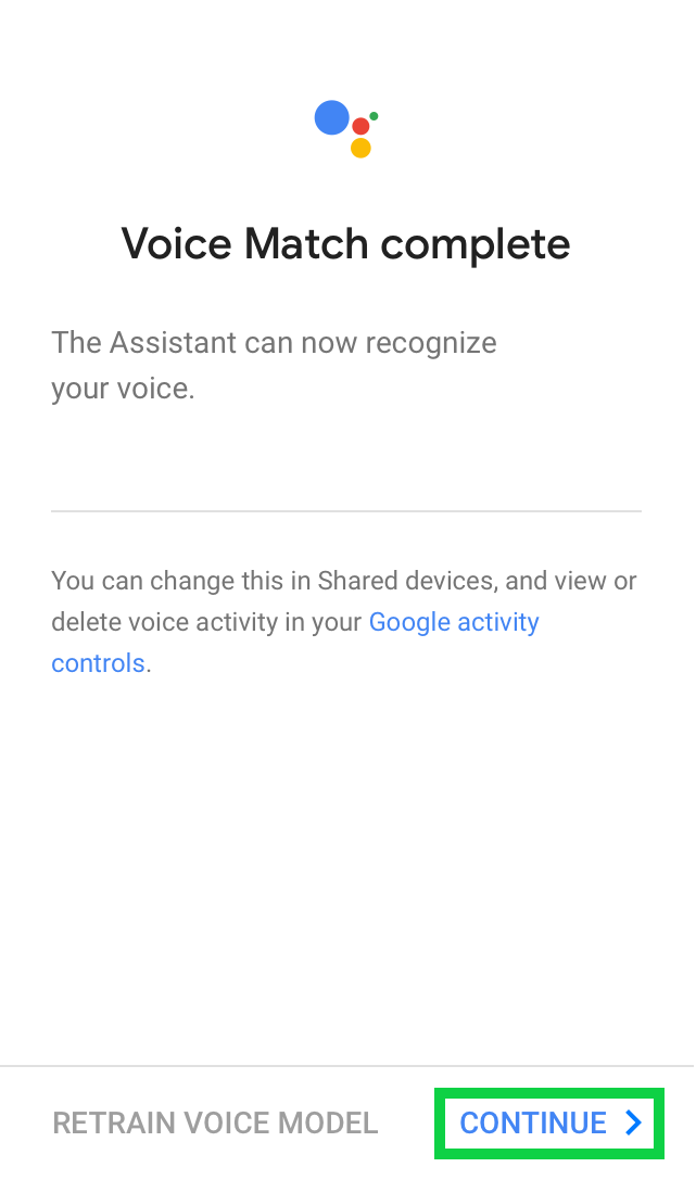 Voice match complete page with continue highlighted