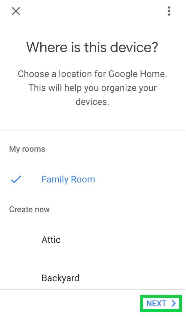 Where is the device with a list of rooms and Next highlighted