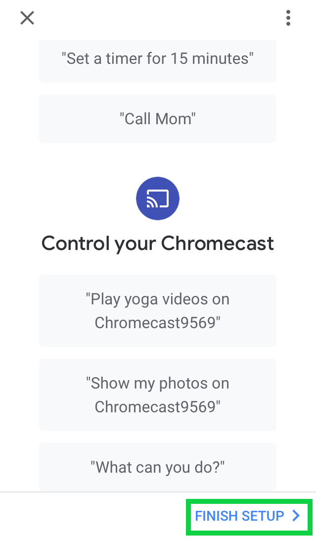 Control your chromecast page with Finish Setup highlighted