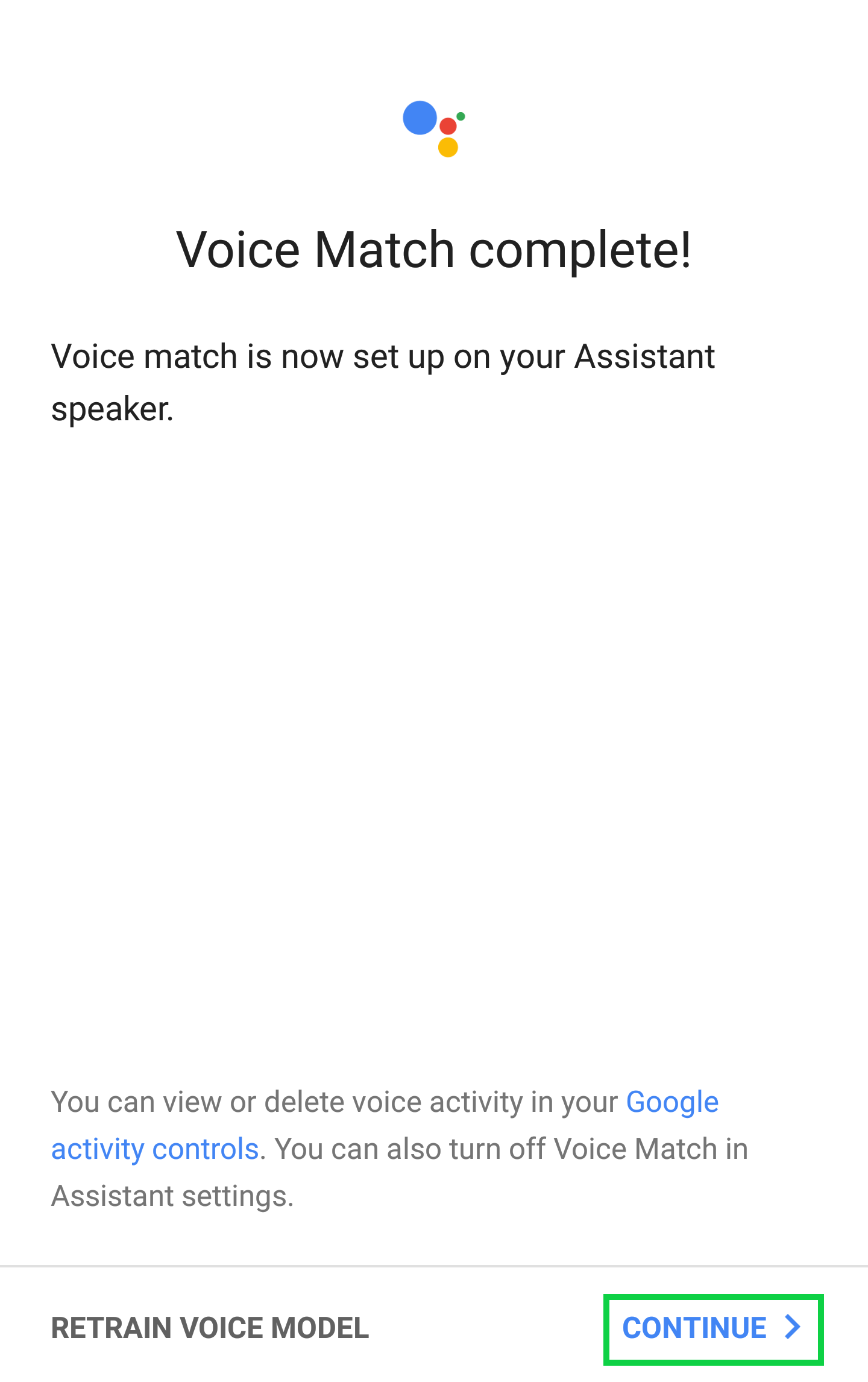 Voice Match Complete page with Continue highlighted